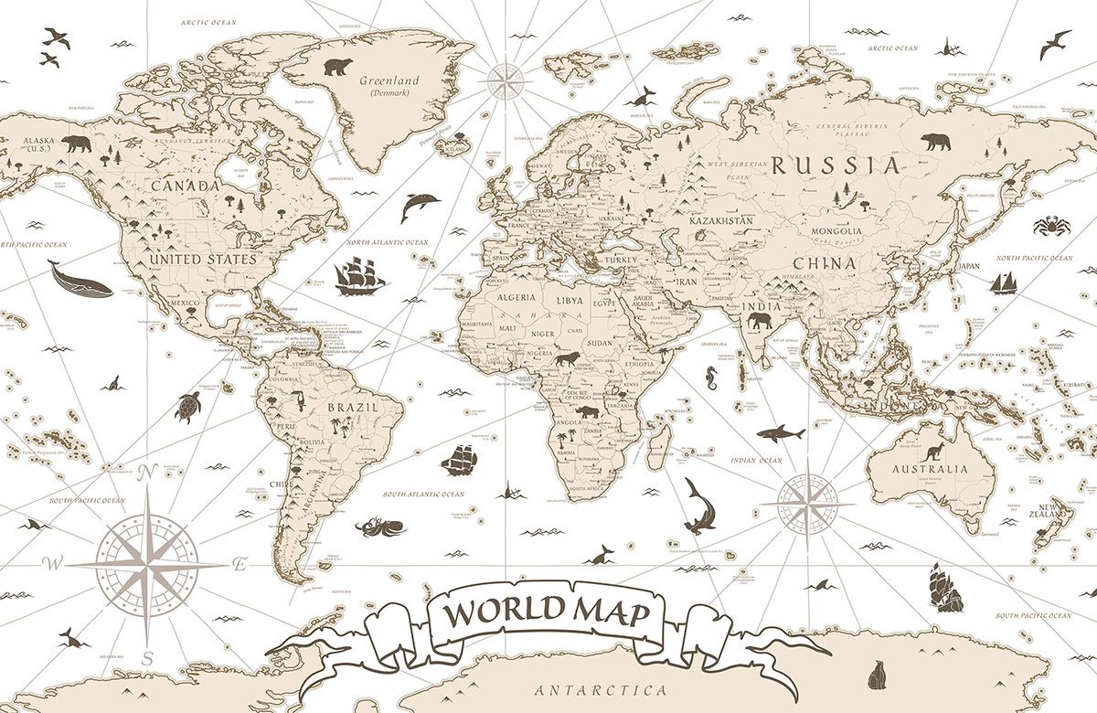 white-world map-design-Singular design large mural-roll