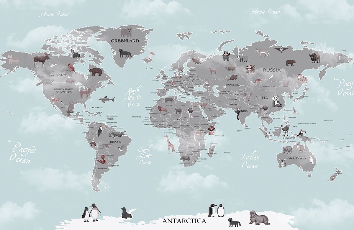 teal-world map-design-Singular design large mural-roll
