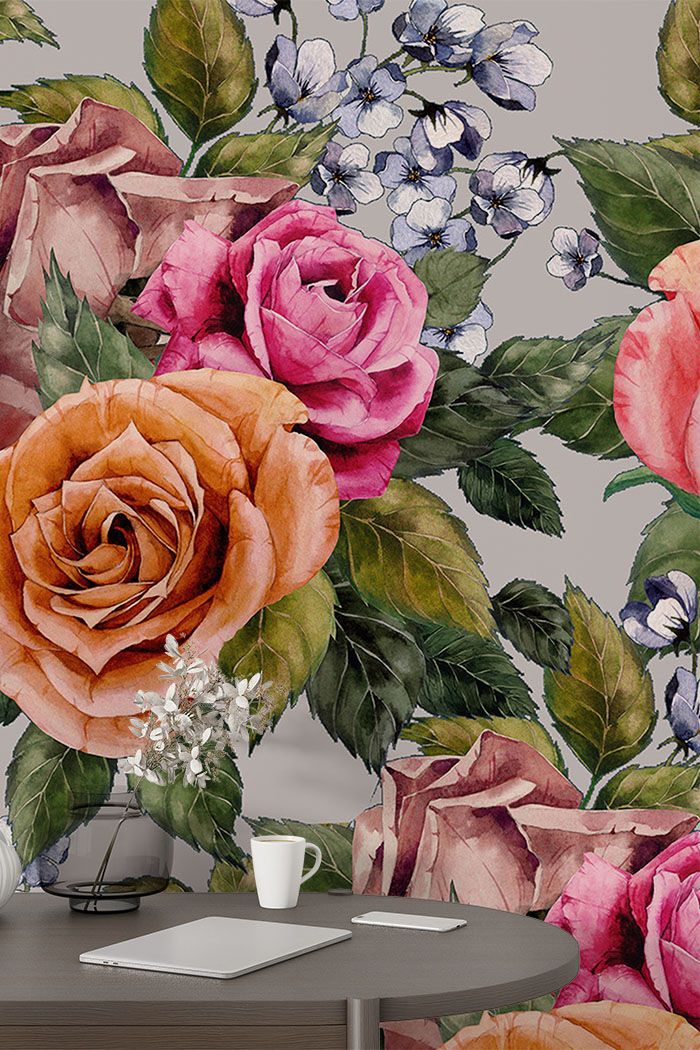 cream-rose-Singular design large mural-with-side-table